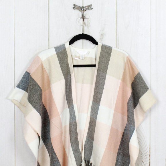 LC Lauren Condrad Multicolor Fringed Woven Plaid Cardigan Shawl Size OS - Picture 2 of 10